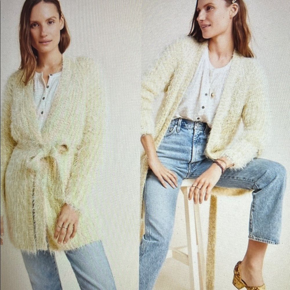 Anthropologie Larkin Shimmer fuzzy‎ Cardigan Size Small Yellow